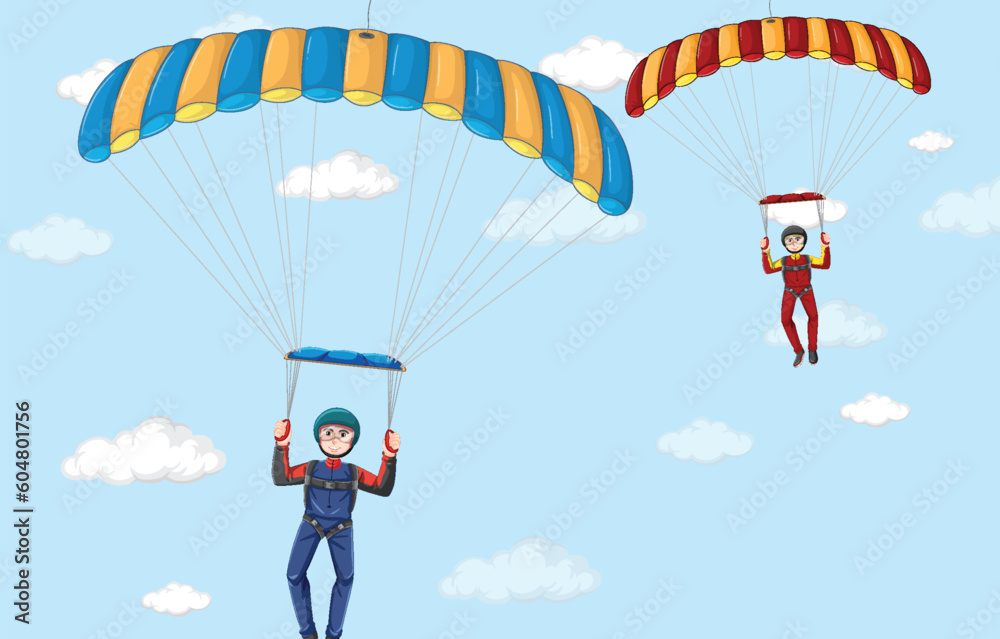 Skydiver parachuting in the sky background