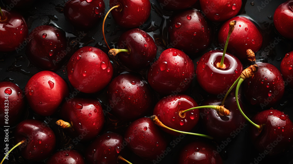 Fresh ripe cherries with water drops background. Berries backdrop. Generative AI