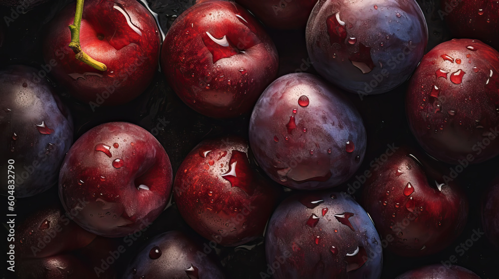 Fresh ripe plums with water drops background. Fruits backdrop. Generative AI