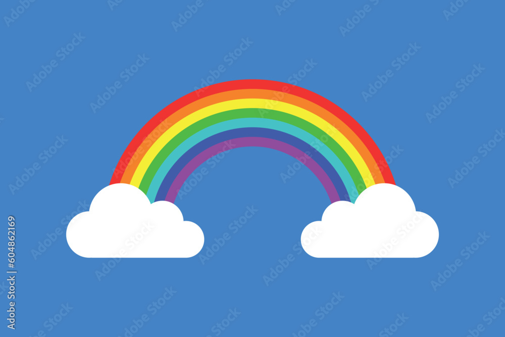 Flat illustration rainbow and clouds on blue background. Vector