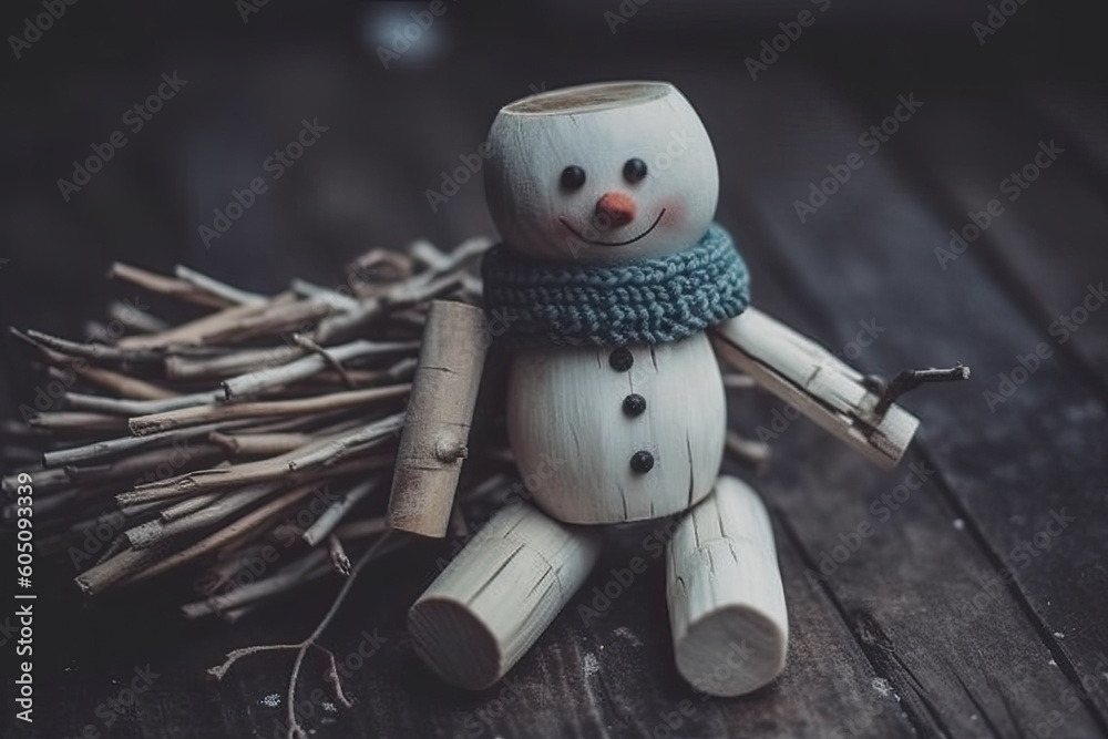 wooden snowman figure sitting on a table Generative AI