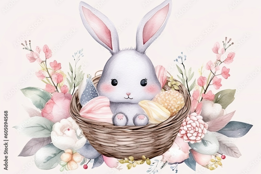 cute bunny sitting in a basket, painted in watercolor Generative AI