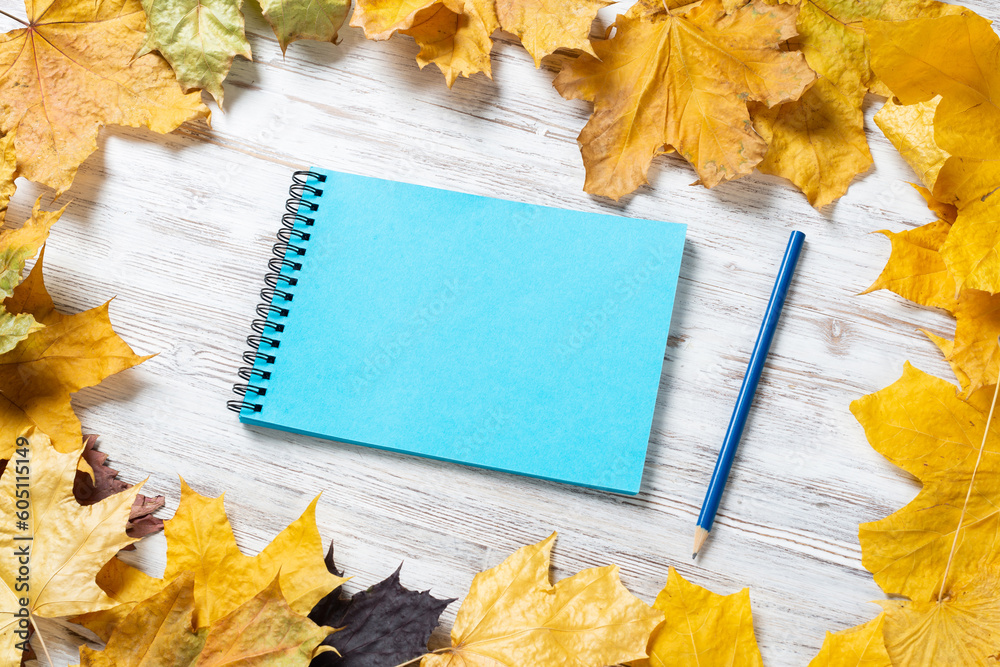 Spiral notepad and pen lies on vintage wooden desk