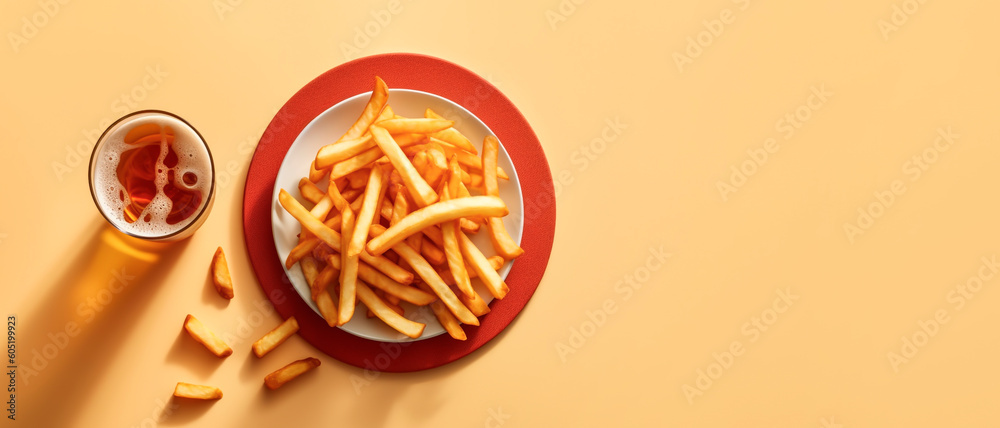 Top view of french fries and glass of beer on yellow background with copy space. Generative AI.