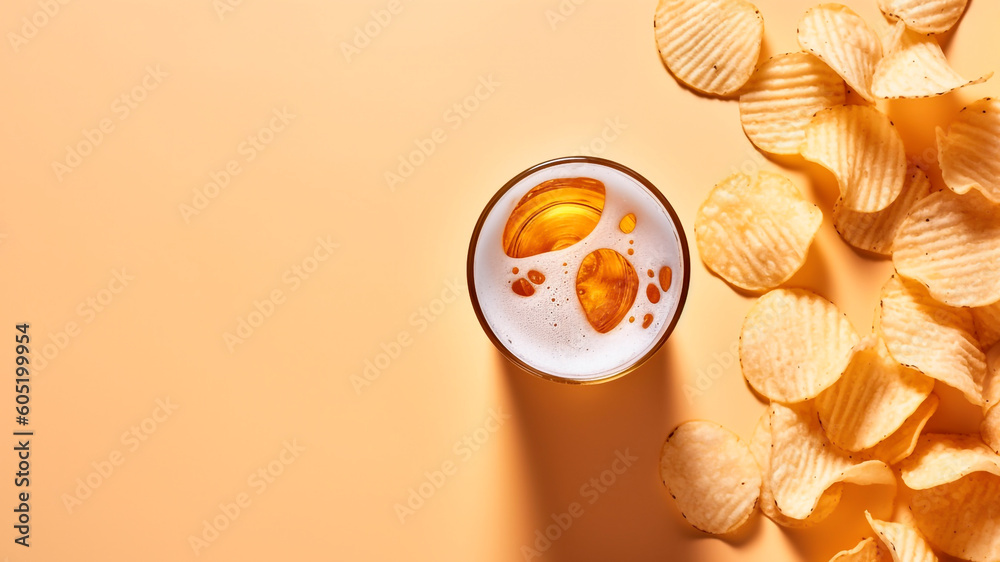 Glass of beer and potato chips on a yellow background with copy space, top view. Generative AI.