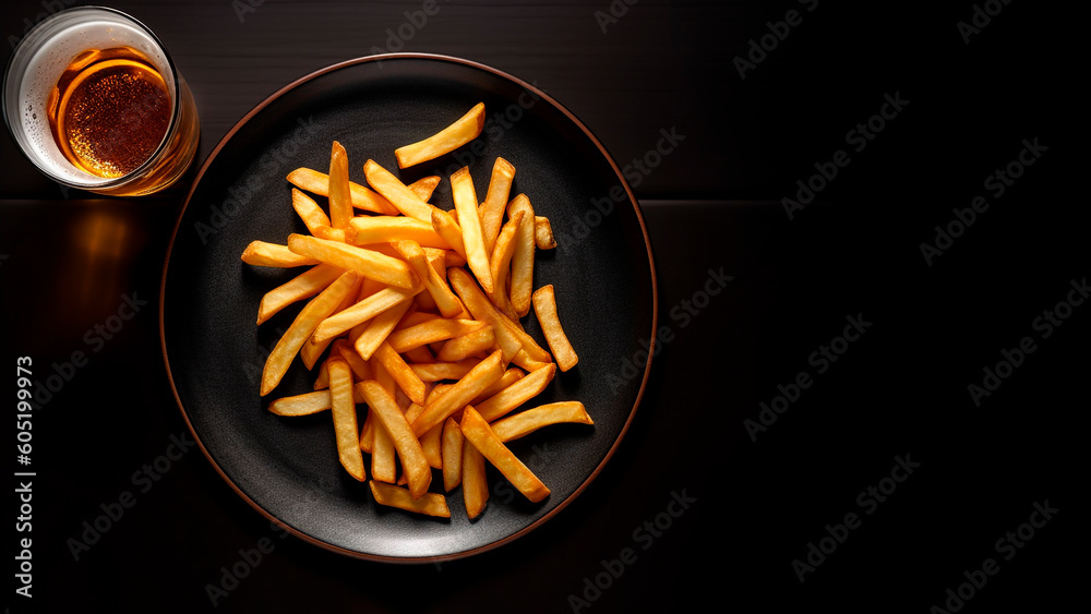 Golden French fries potatoes on a black plate on a dark wooden background with copy space. Generativ