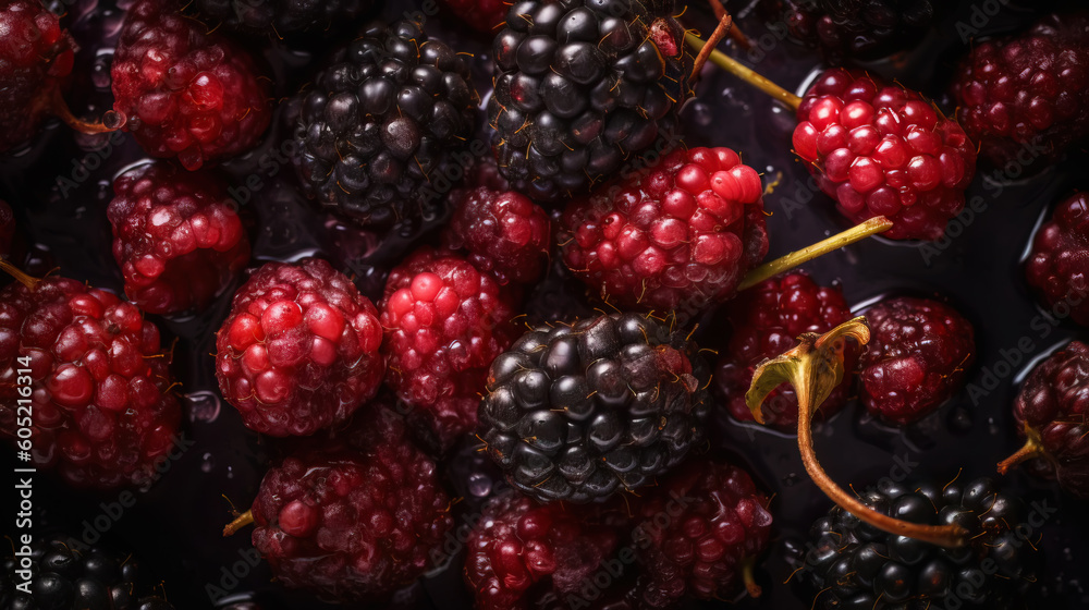 Fresh ripe mulberry with water drops background. Berries backdrop. Generative AI