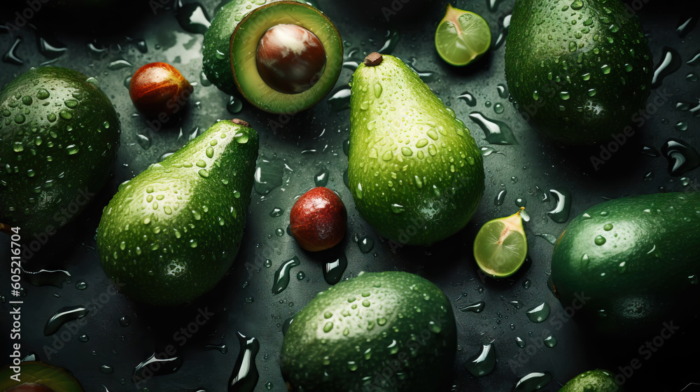 Fresh ripe avocados with water drops background. Fruits backdrop. Generative AI