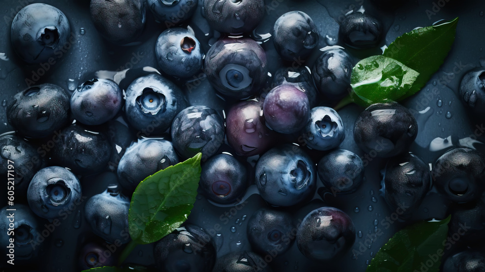 Fresh ripe blueberries with water drops background. Berries backdrop. Generative AI