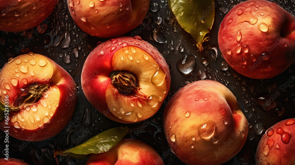 Fresh ripe peaches with water drops background. Fruits backdrop. Generative AI