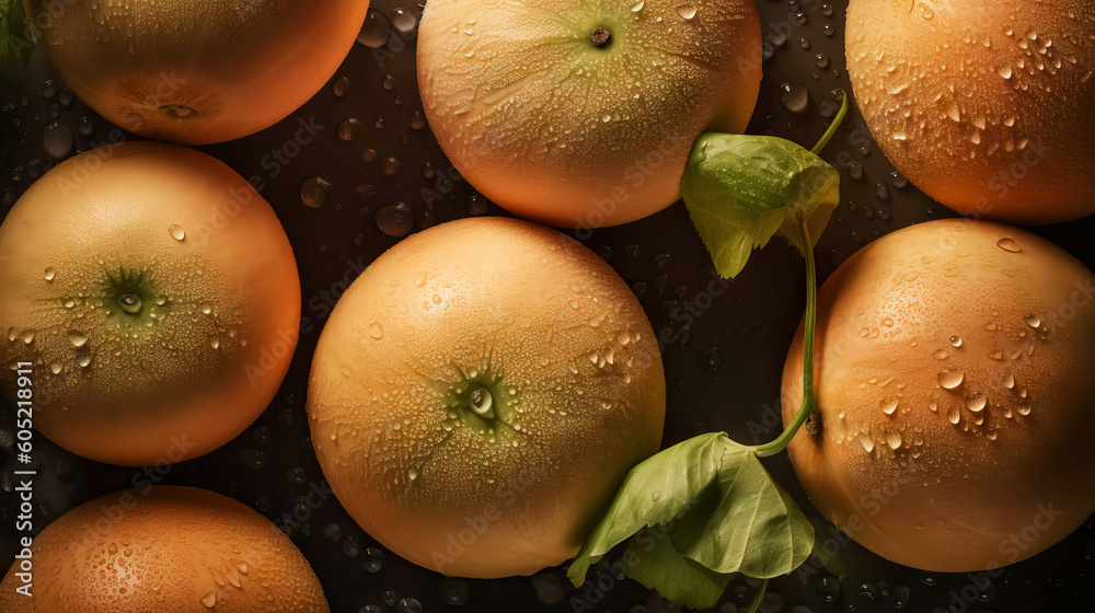 Fresh ripe cantaloupes with water drops background. Fruits backdrop. Generative AI