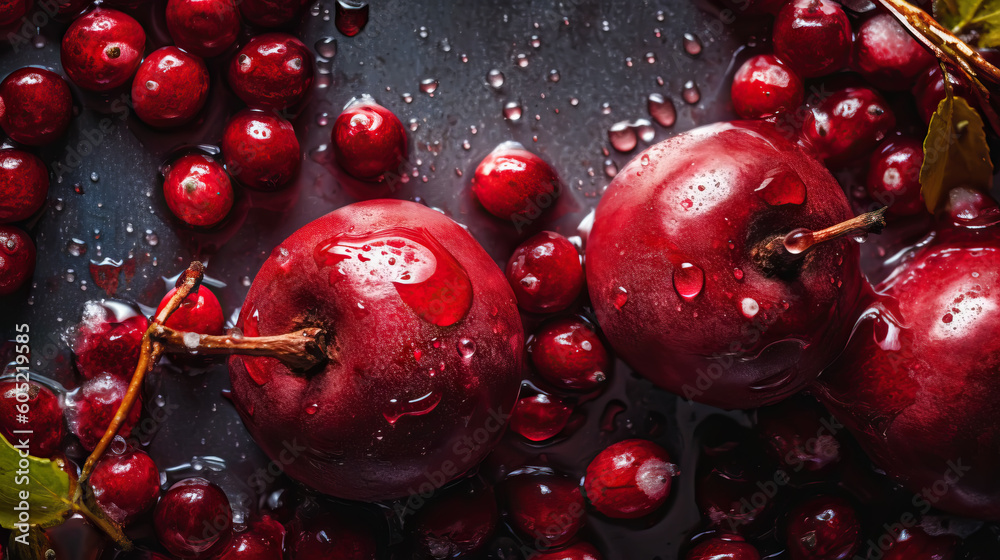 Fresh ripe barberries with water drops background. Berries backdrop. Generative AI