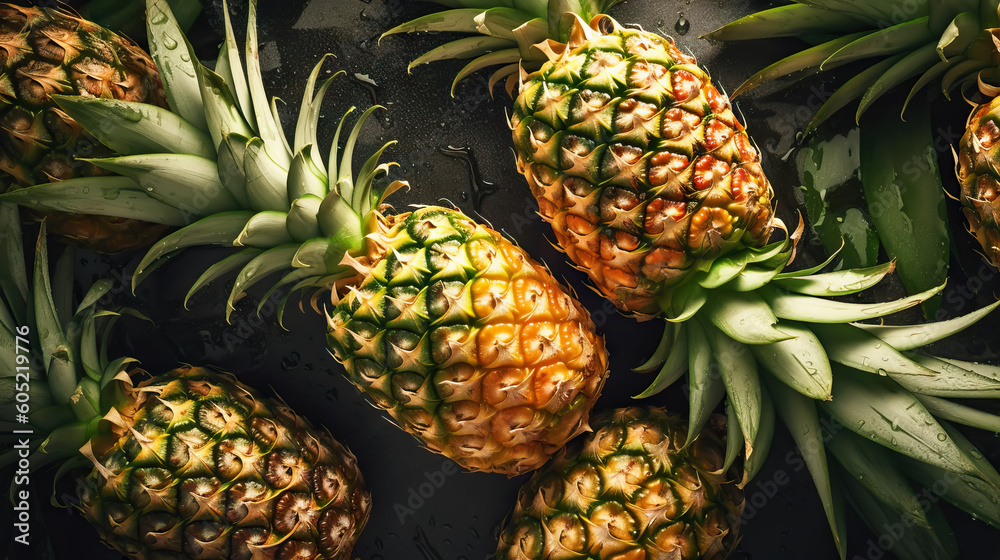 Fresh ripe pineapple with water drops background. Fruits backdrop. Generative AI