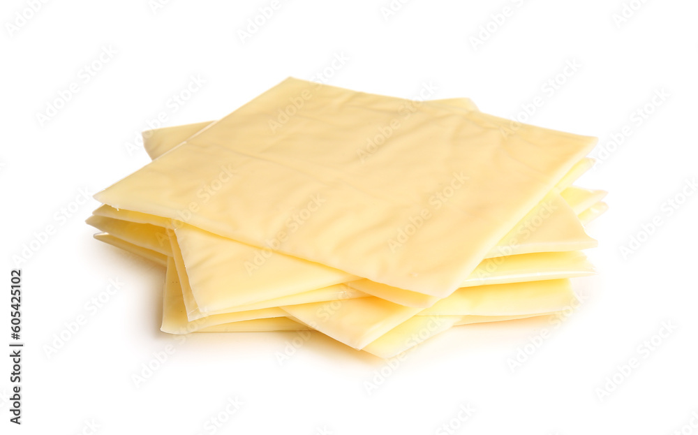 Slices of tasty processed cheese on white background