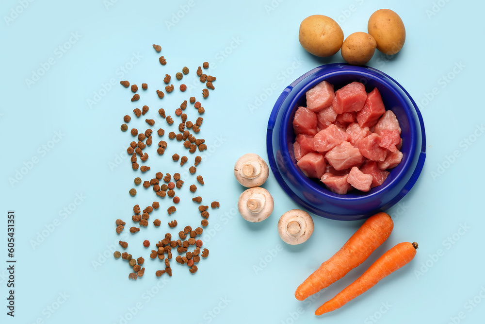 Bowl with raw meat, dry pet food and natural products on blue background