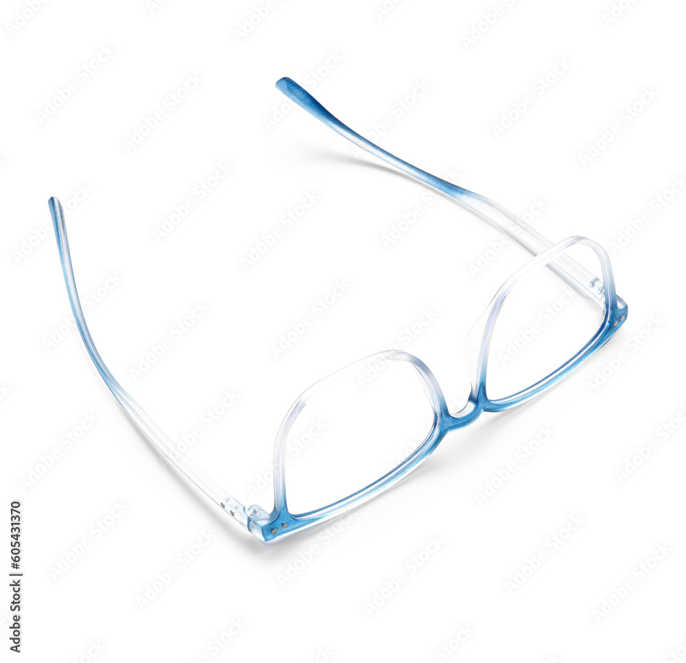 New blue eyeglasses on white background