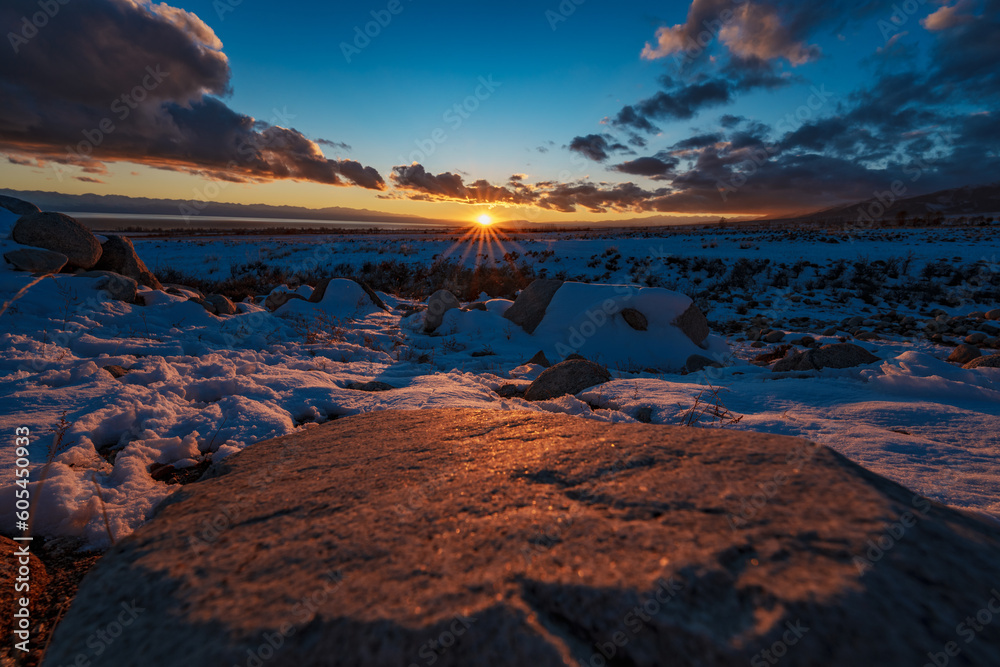 Picturesque mountain rocky landscape at vibrant sunset light