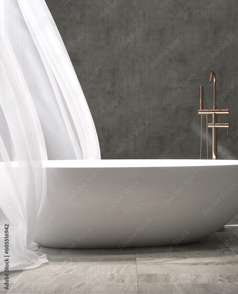 White ceramic bathtub, gold chrome shower head, faucet, blowing cheer curtain in sunlight on dark gr