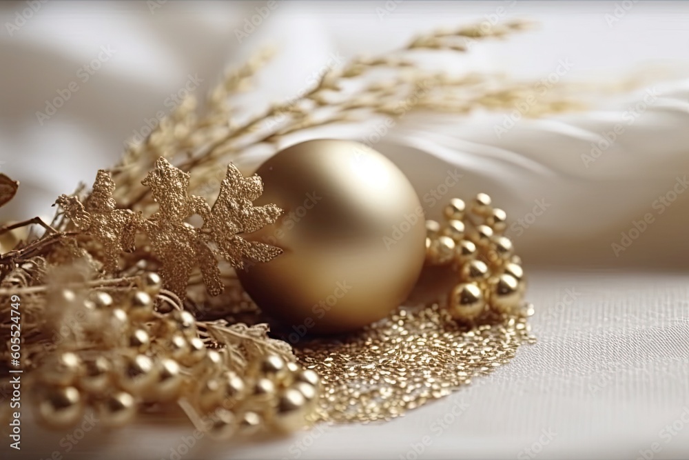 shiny golden Christmas ball ornament resting on a white cloth Generative AI