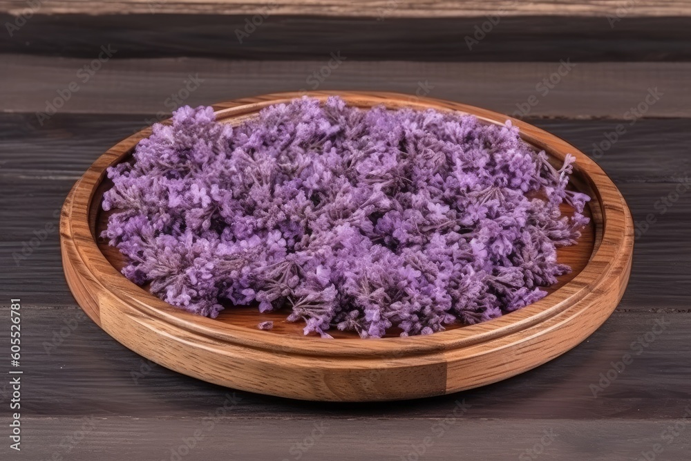 rustic wooden table adorned with a vibrant arrangement of purple flowers in a wooden bowl Generative