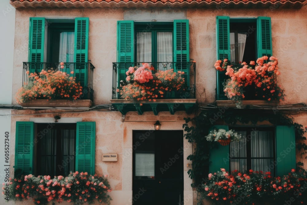 charming building with green shutters and blooming balconies Generative AI