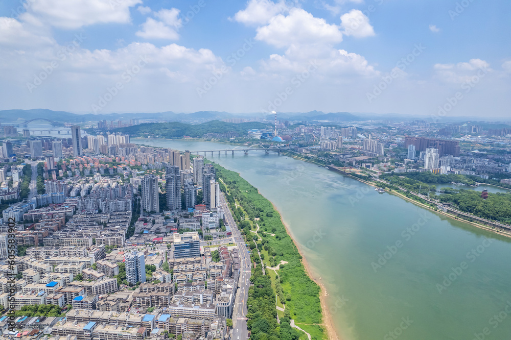 Aerial photography of city scenery on both sides of the Xiangjiang River in Zhuzhou, China