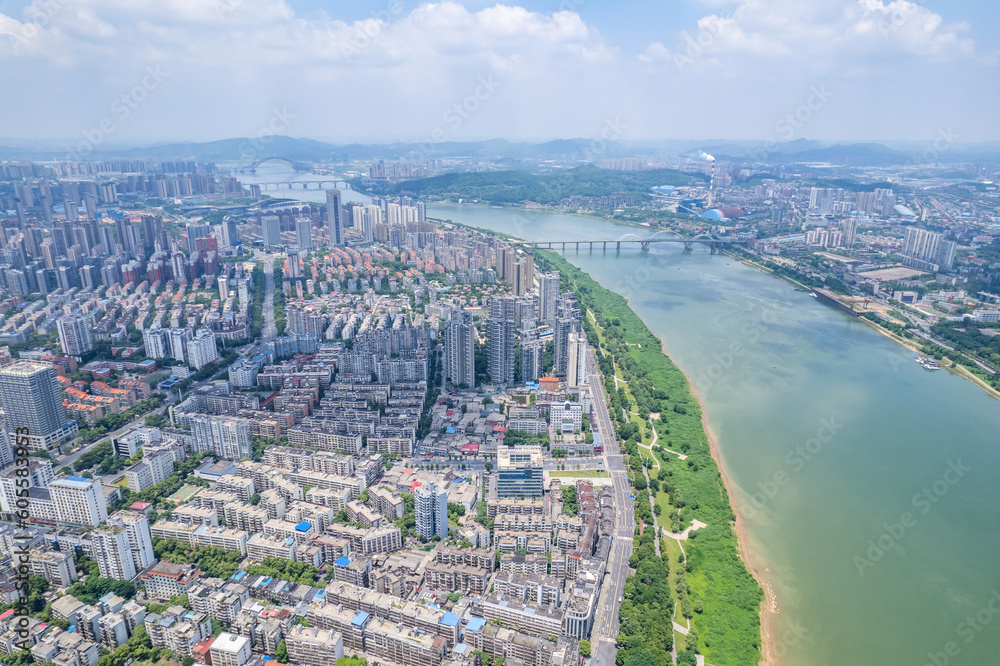 Aerial photography of city scenery on both sides of the Xiangjiang River in Zhuzhou, China