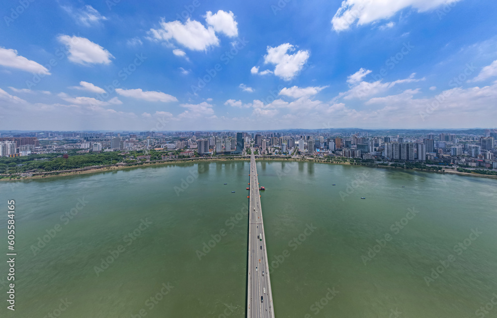 Aerial photography of Zhuzhou Bridge in China, city central axis scenery