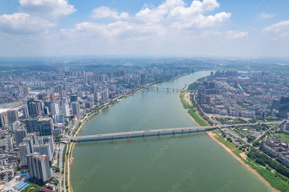 Aerial photography of city scenery on both sides of the Xiangjiang River in Zhuzhou, China