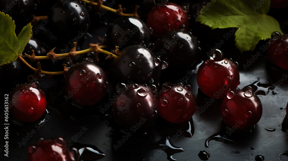 Fresh ripe blackcurrant with water drops background. Berries backdrop. Generative AI