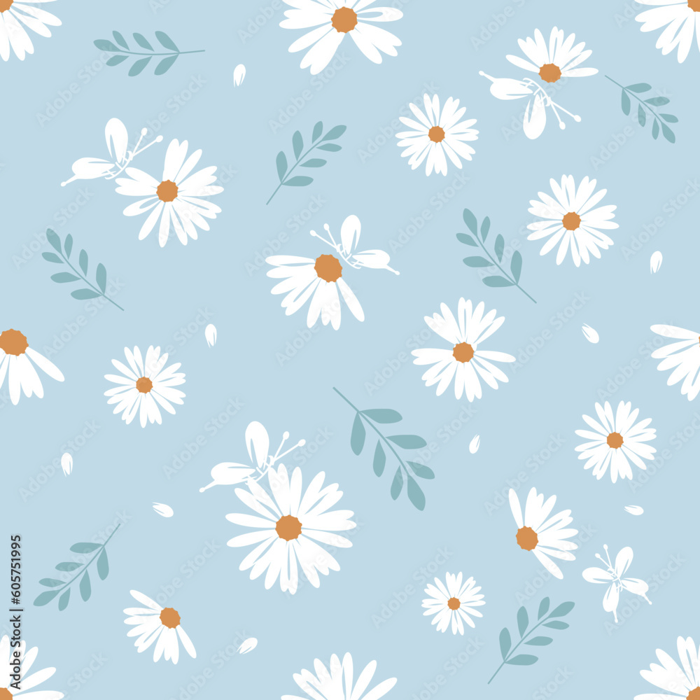 Seamless pattern with daisies, branches and butterfly cartoon on blue background vector illustration