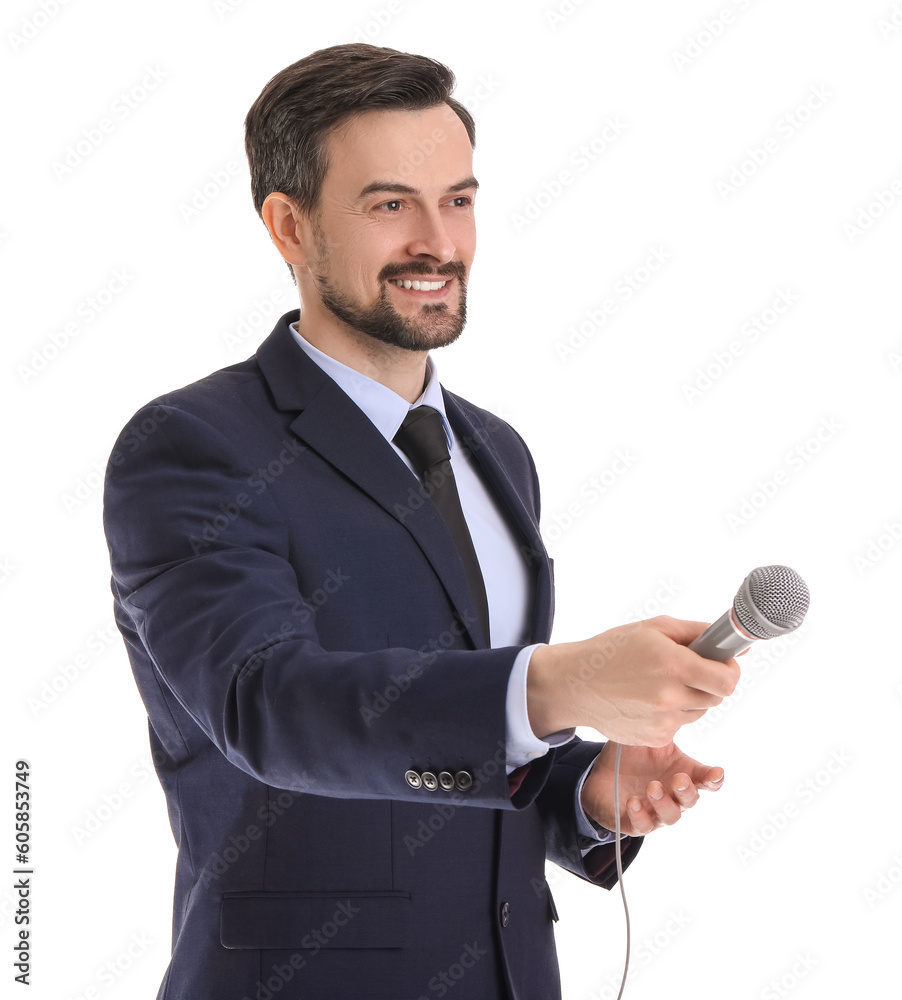 Male journalist with microphone on white background