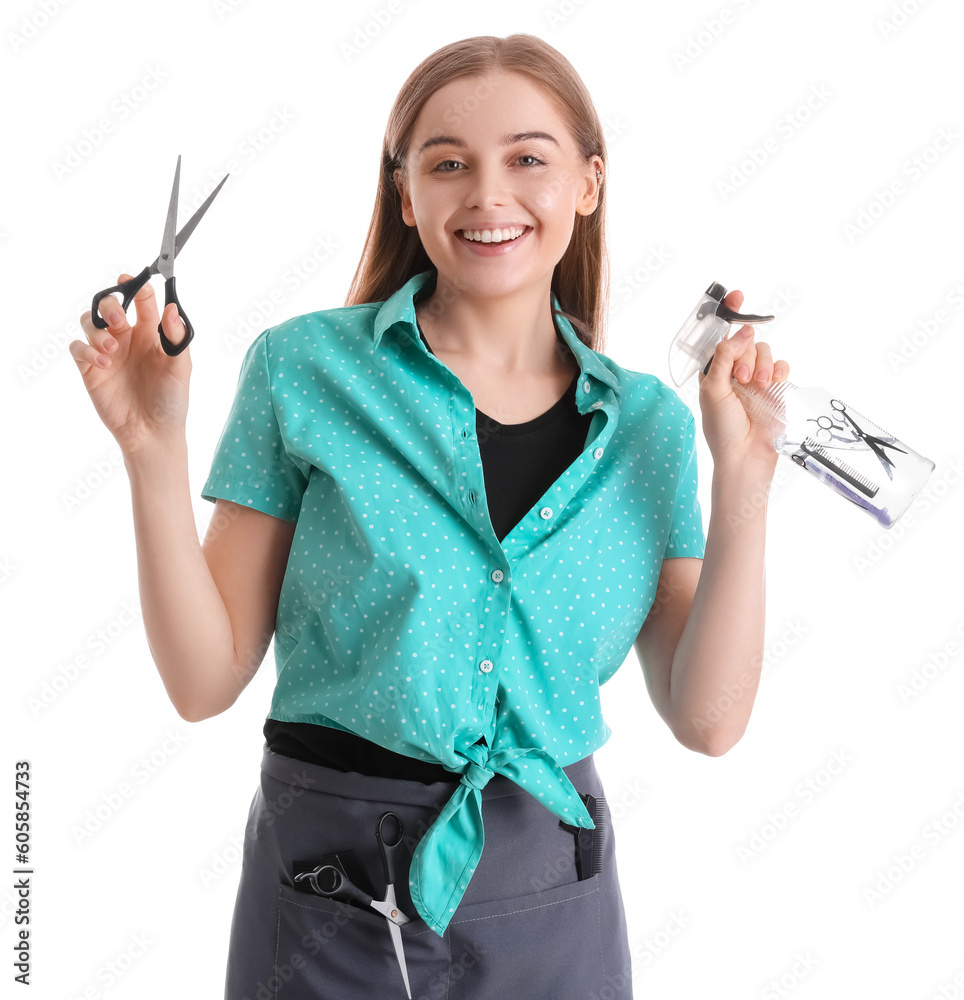 Female hairdresser with scissors and spray on white background