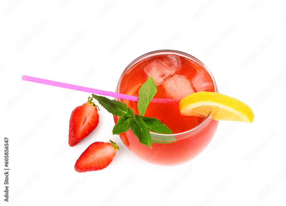 Glass of tasty strawberry drink on white background