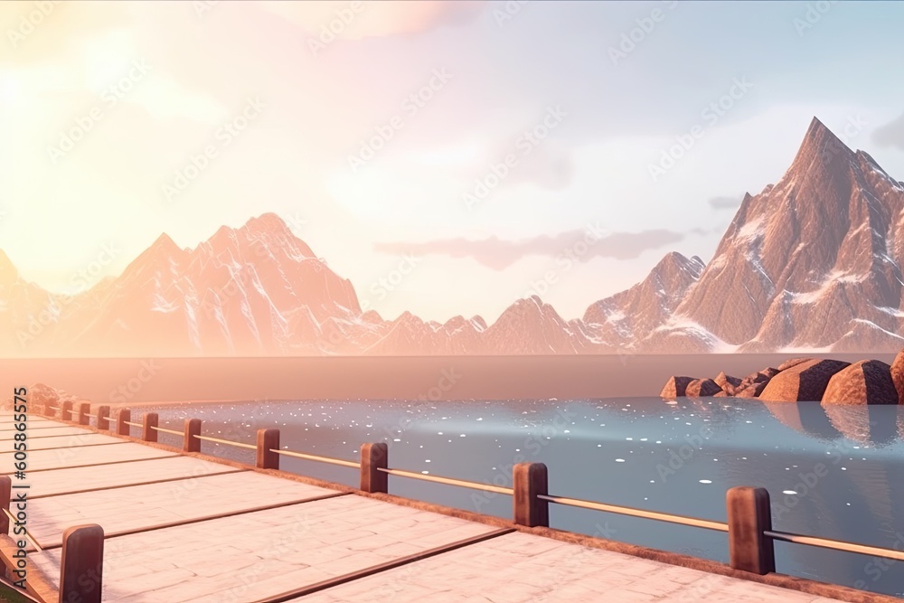 wooden pier extending into a scenic mountain landscape Generative AI