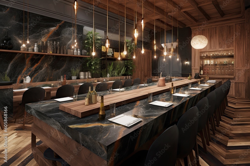 spacious dining area with a rustic wooden table and modern black chairs Generative AI