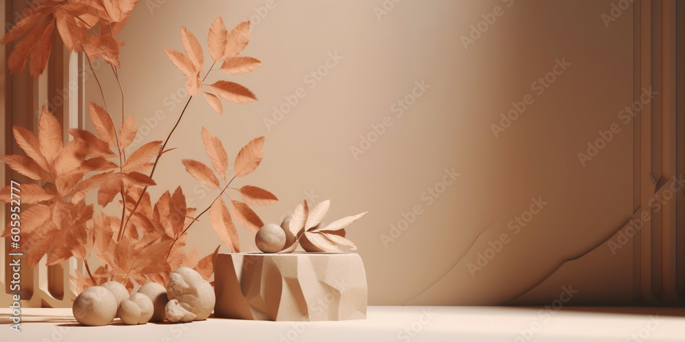 Beige podium for product display presentation. Sandstone and sandy colored plants. Generative AI