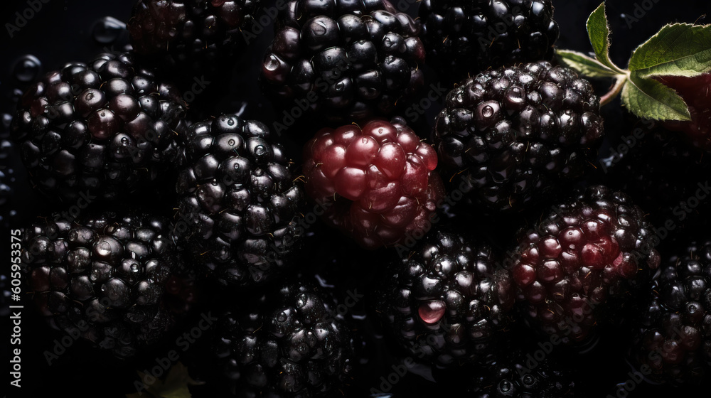 Fresh ripe blackberries with water drops background. Berries backdrop. Generative AI