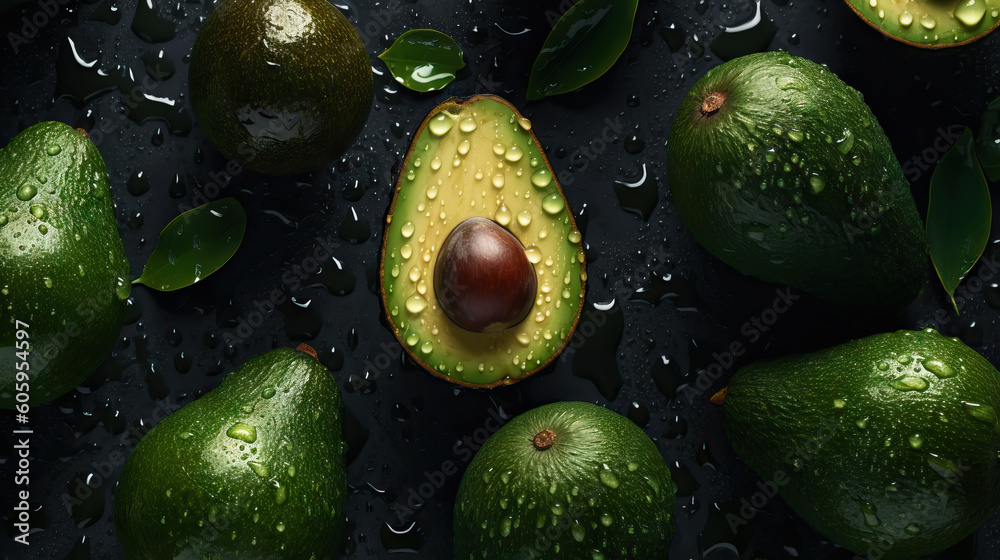 Fresh ripe avocados with water drops background. Fruits backdrop. Generative AI