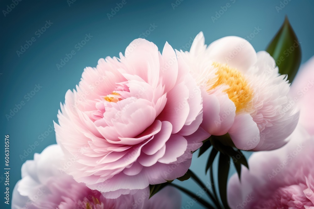 beautiful pink large flowers peonies on a blue background. AI generated.