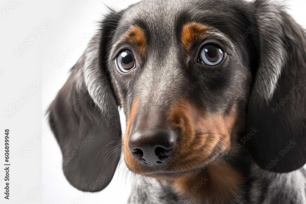 Close up adorable black-brown Dachshund dog in white background. Generative AI AIG16.