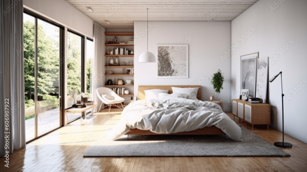 Bedroom decor, home interior design . Scandinavian Minimalist style with Statement Pendant decorated