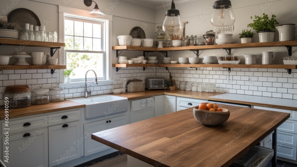 Interior design of Kitchen in Farmhouse style with Farmhouse Sink decorated with Subway Tile, Butche