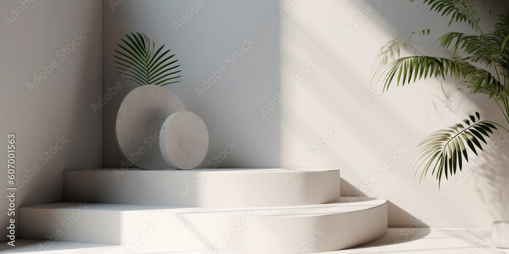 White product display podium with nature palm leaves. Generative AI