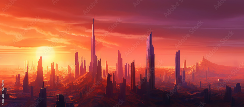 Panoramic cityscape in cyberpunk futuristic style. Towering skyscrapers in neon retrowave colors. Ge