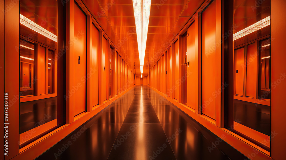 Orange abstract futuristic tunnel with neon lines. Generative AI