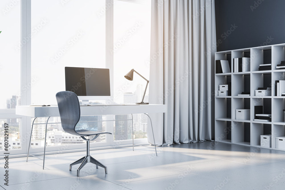 Clean home office interior with furniture, equipment, panoramic window with city view, curtains and 