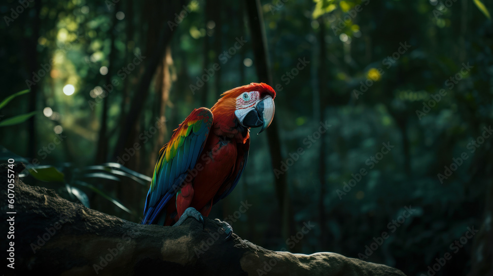 Colorful Macaw bird in forest background. ai generated.