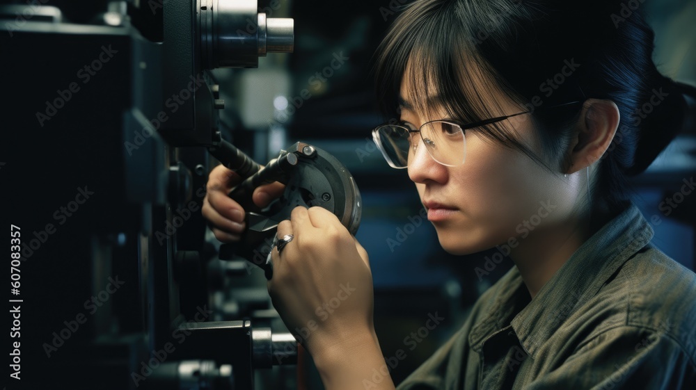 Machinist Female Asian Middle-Aged Operating machine tools in a manufacturing setting, producing pre