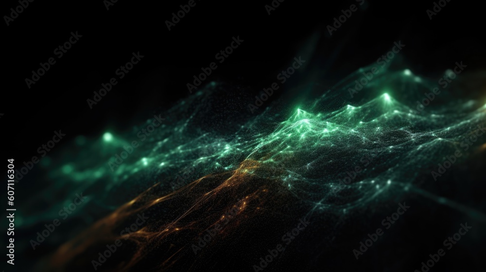 3D render of an abstract flow particle design background with green and orange color. Generative AI 